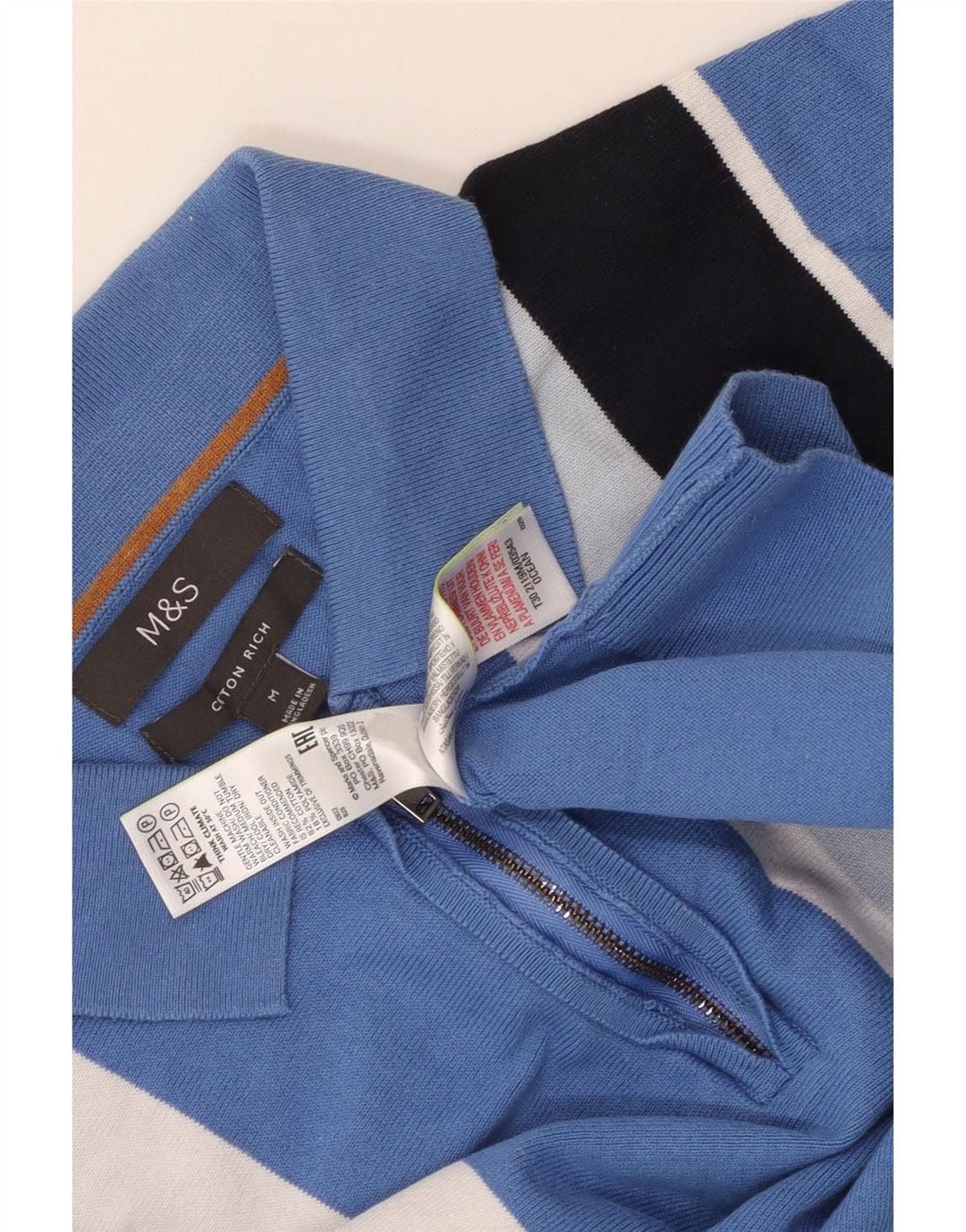 Marks & Spencer Pull Col Polo Homme Bleu Moyen Rayé Coton