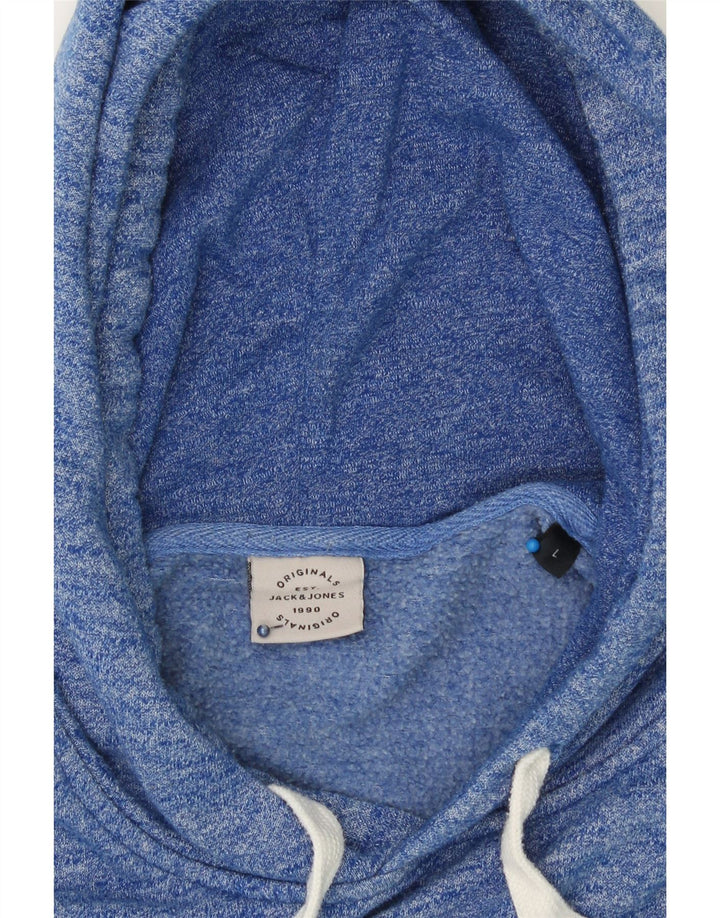 JACK & JONES Mens Graphic Hoodie Jumper Large Blue Flecked Polyester Vintage Jack & Jones and Second-Hand Jack & Jones from Messina Hembry 