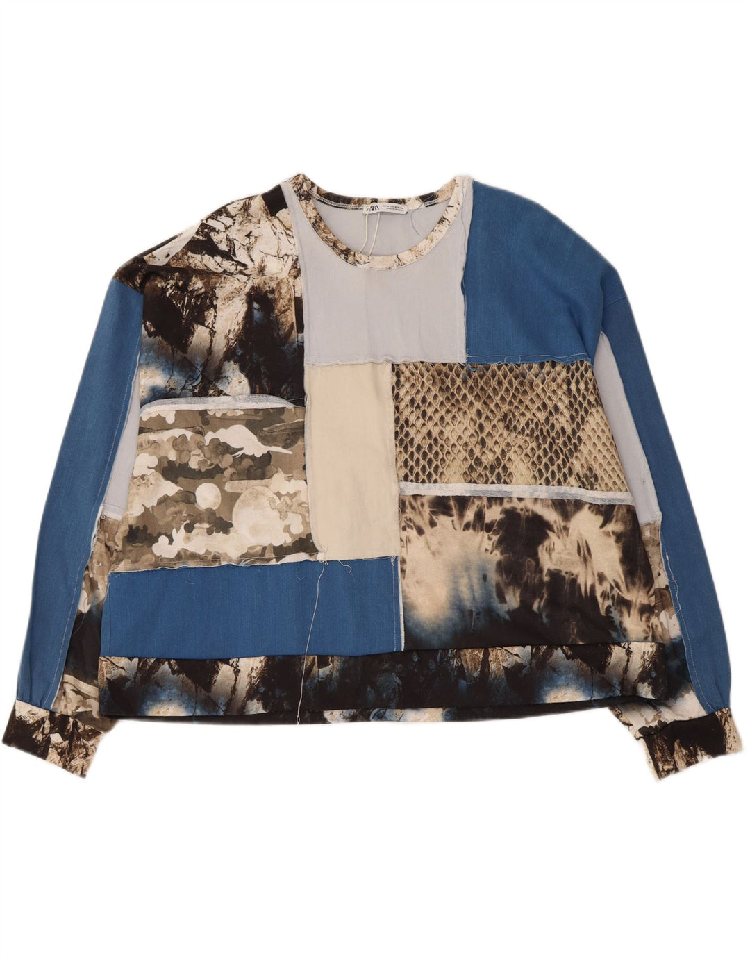 Zara Femme Crop Graphic Top Manches Longues UK 14 Moyen Multicolore