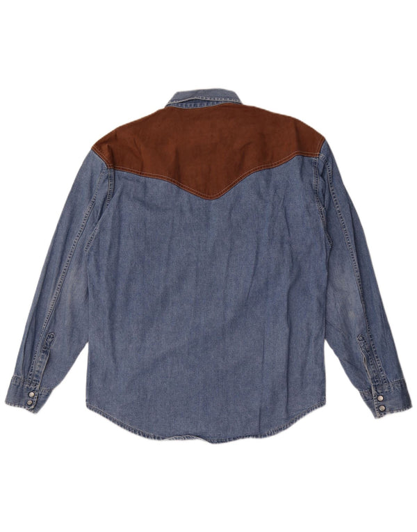 vintage Mens Western Denim Chemise Bleu Moyen Colourblock Coton