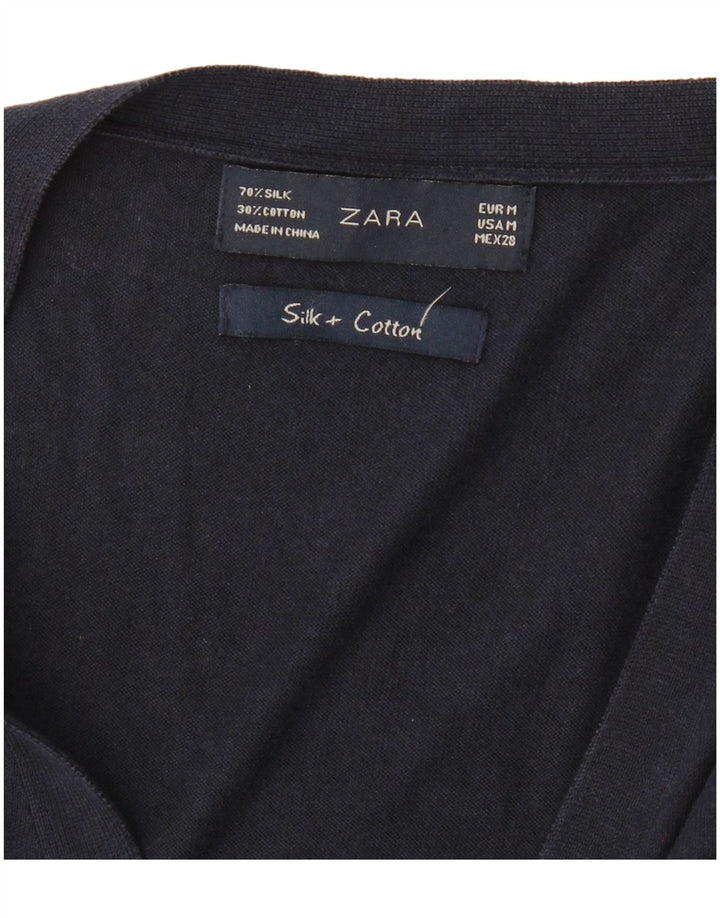 ZARA Femme Cardigan Pull UK 12 Moyen Marine Bleu Soie