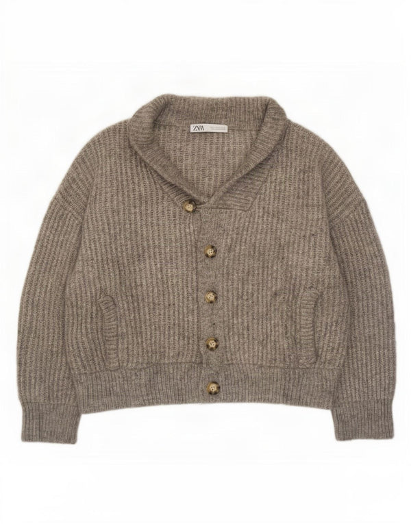 Zara Womens Crop Oversize Cardigan Pull UK 10 Petit Gris Acrylique