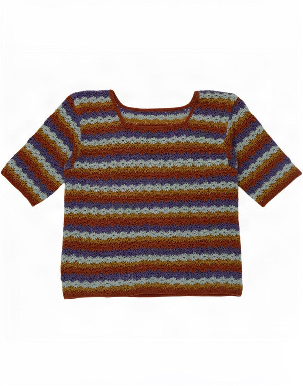 vintage Womens Crochet Blouse Top UK 12 Moyen Multicolore Rayé