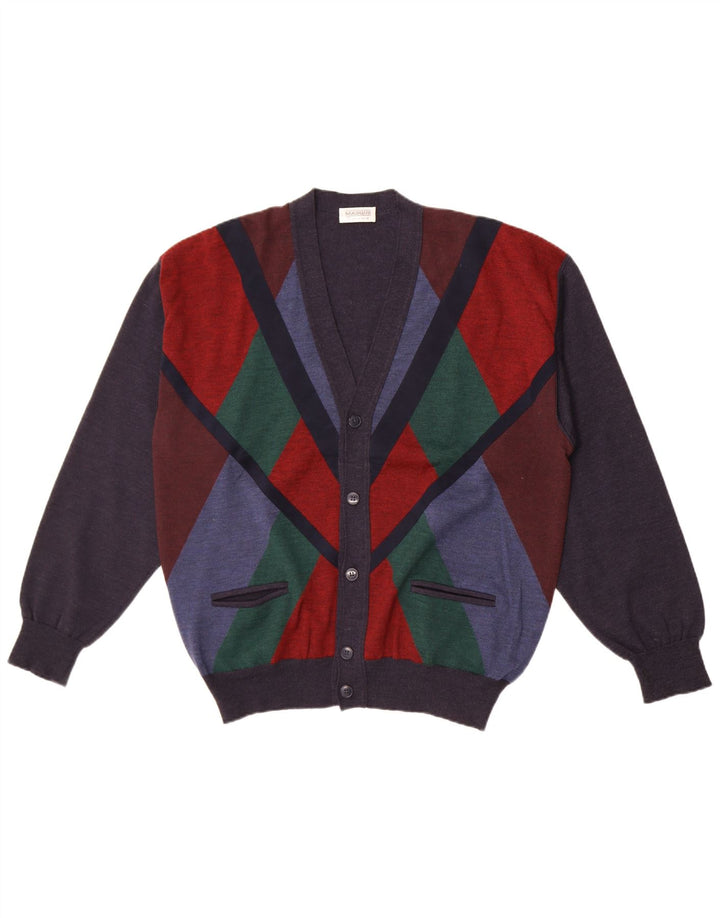 vintage Homme Cardigan Pull IT 54 XL Bleu Marine Colourblock Laine