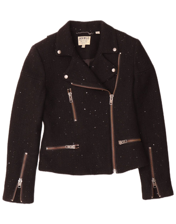 Jack Wills Veste de motard pour femme UK 12 Laine mouchetée noire moyenne
