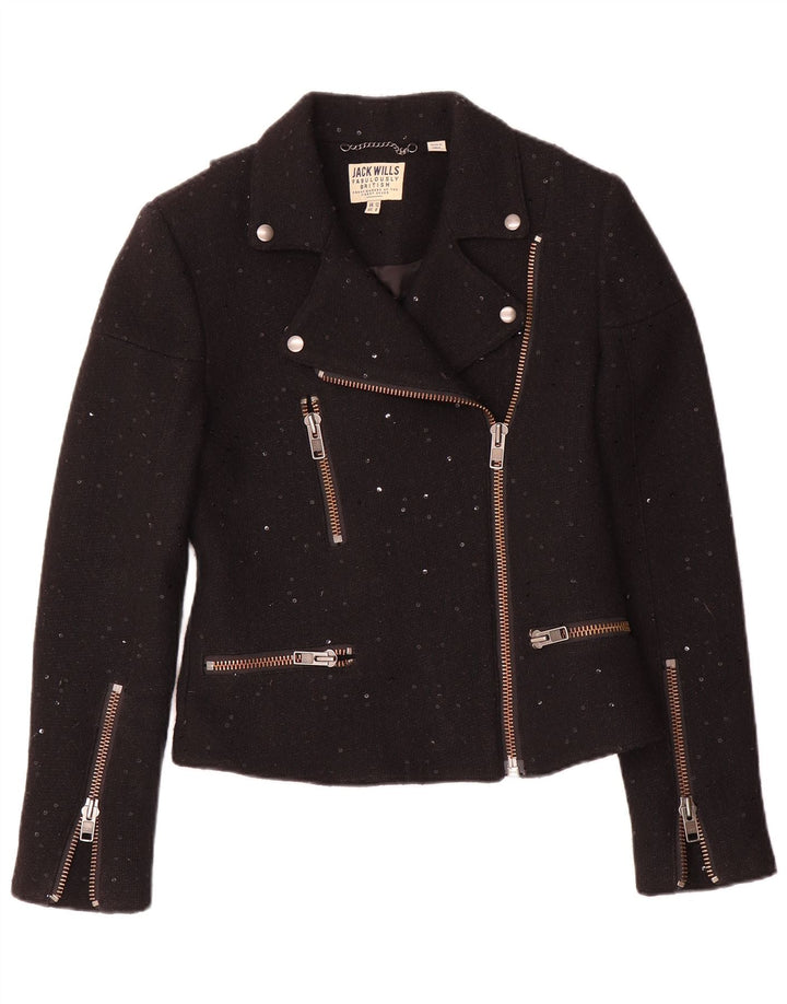 Jack Wills Veste de motard pour femme UK 12 Laine mouchetée noire moyenne