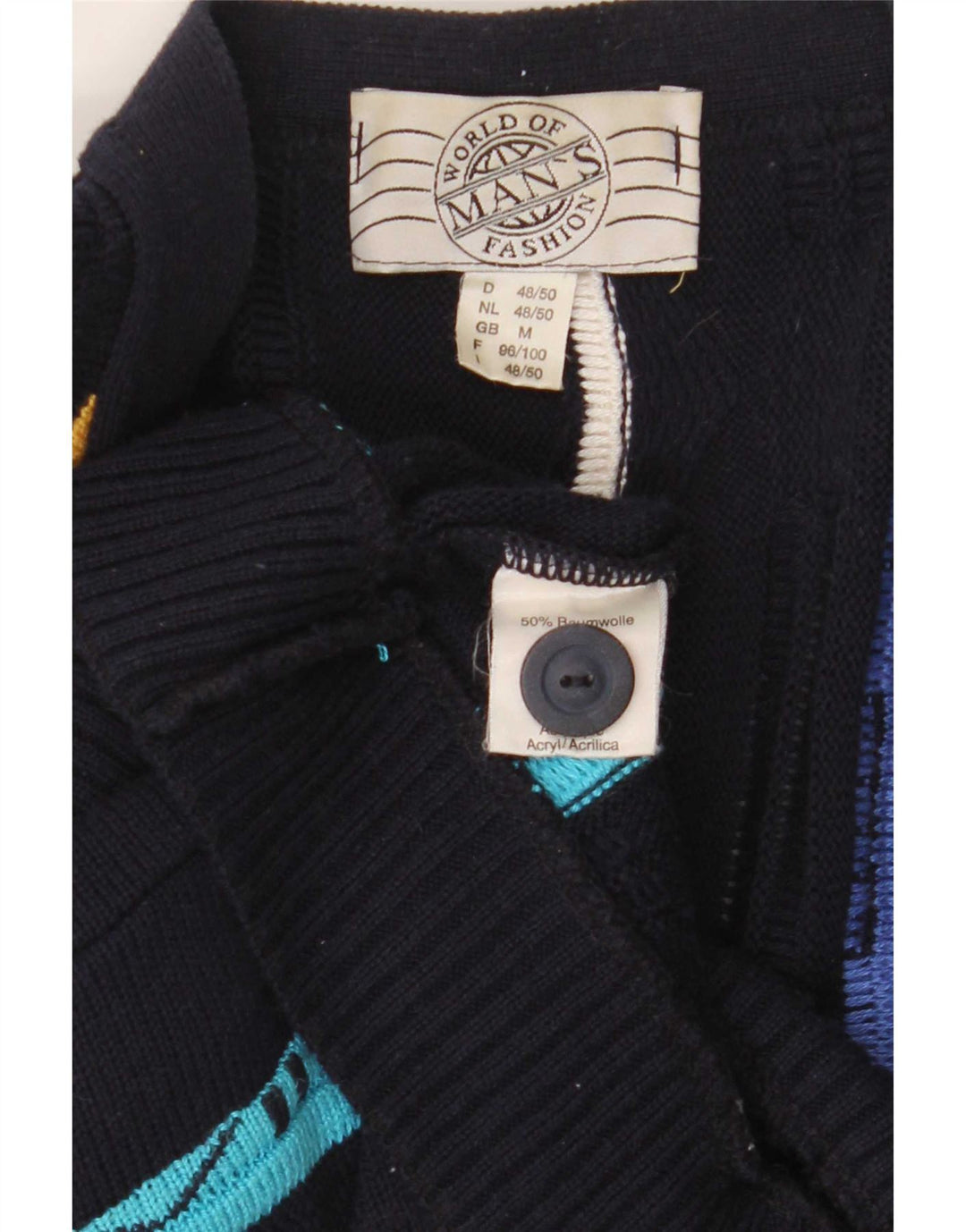 vintage Mens Cardigan Pull Moyen Bleu Marine Rayé Coton