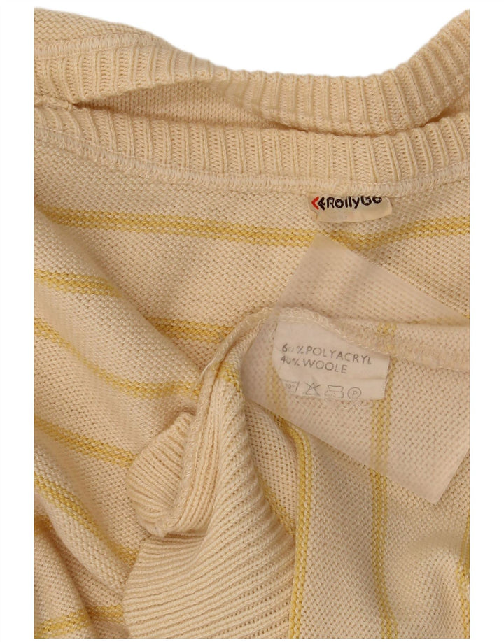 vintage Mens Boat Neck Jumper Pull Moyen Beige Rayé Polyacrylique