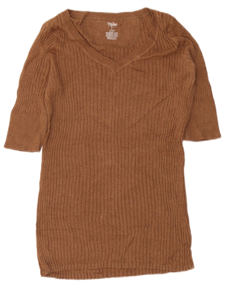 MOSSIMO Pull à manches courtes et col en V pour femme UK 14 Large Marron Coton