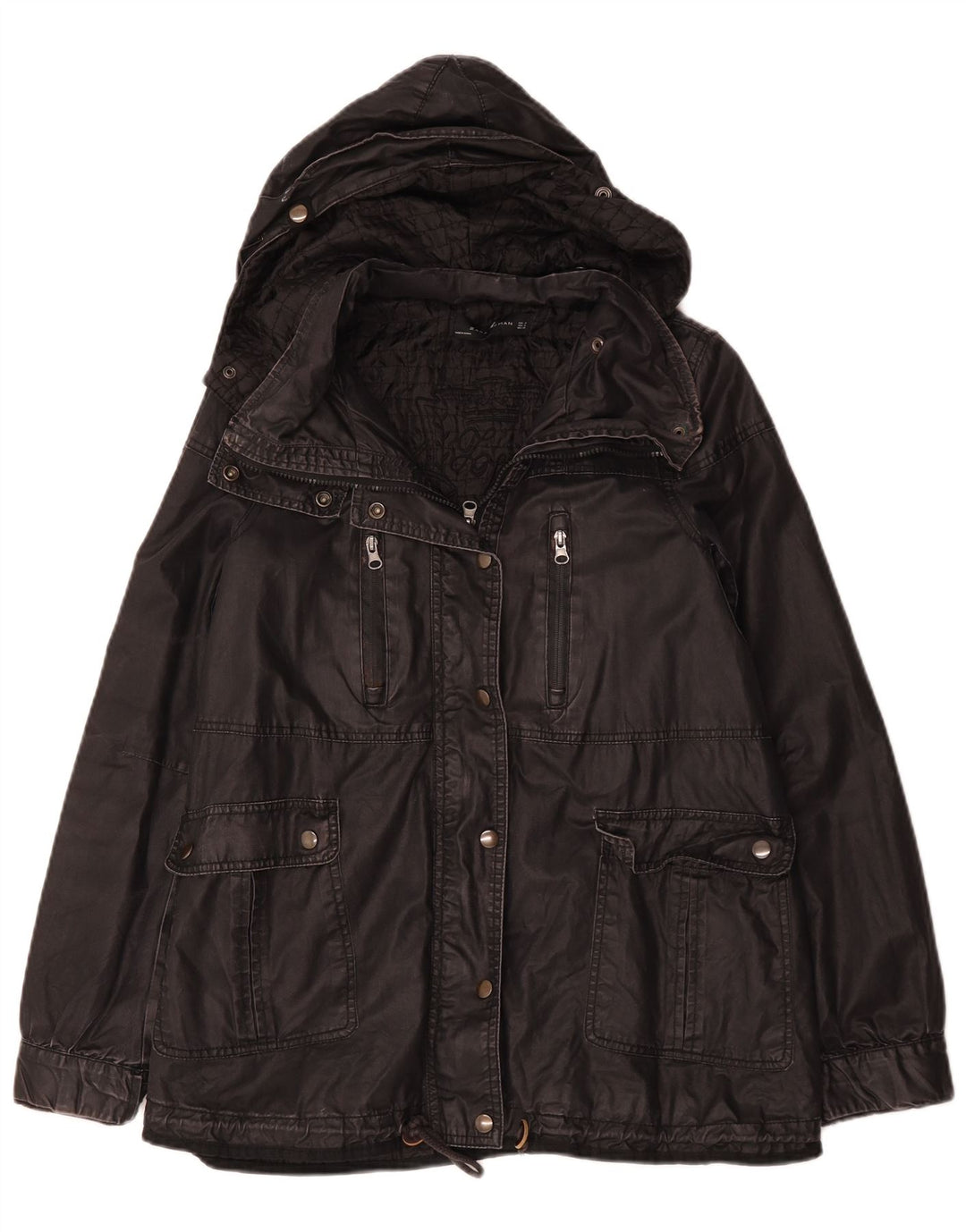 Zara Veste à capuche en coton ciré pour femme UK 14 Noir moyen