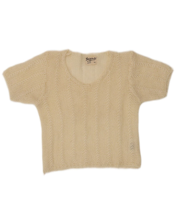 VINTAGE Femmes Crop Boat Neck Jumper Pull UK 12 Beige Moyen