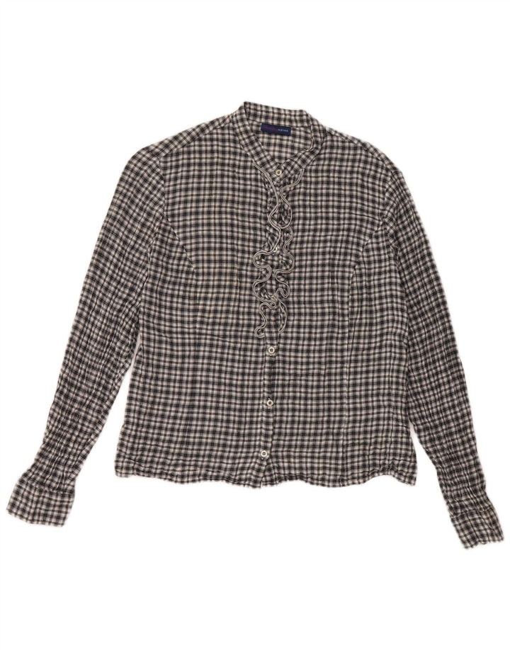 Trussardi Jeans Chemise à volants sur le devant pour femme UK 14 Grand noir à carreaux en coton