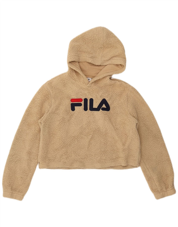 FILA Femme Crop Graphic Fleece Jumper UK 16 Large Beige Polyester
