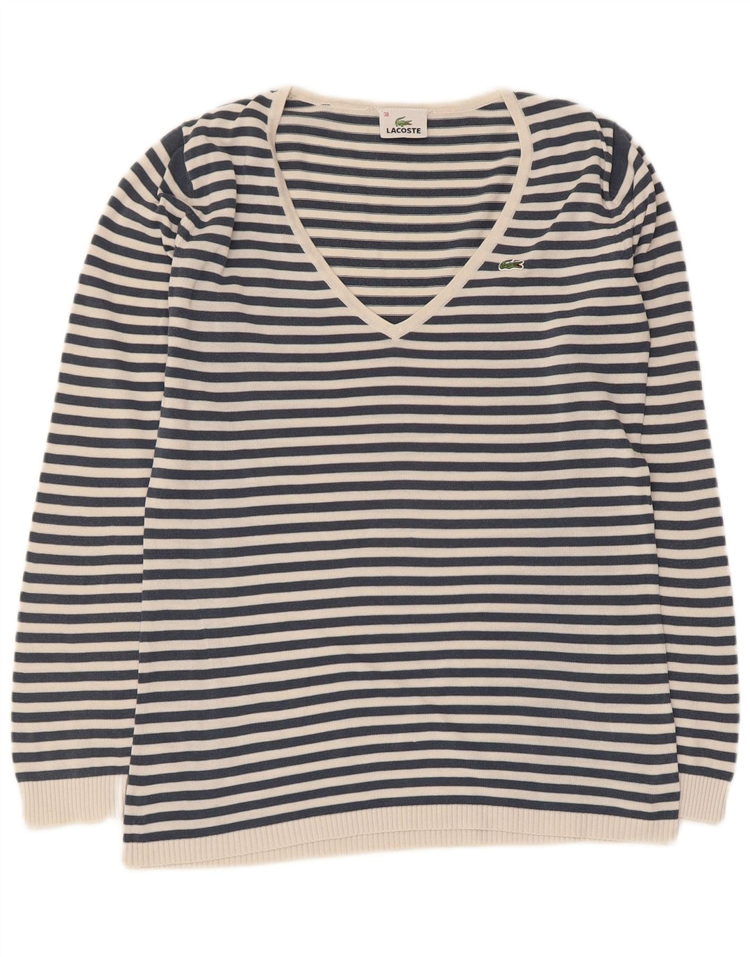 Lacoste Femme Col V Pull Pull Taille 38 Bleu Marine Moyen Rayé