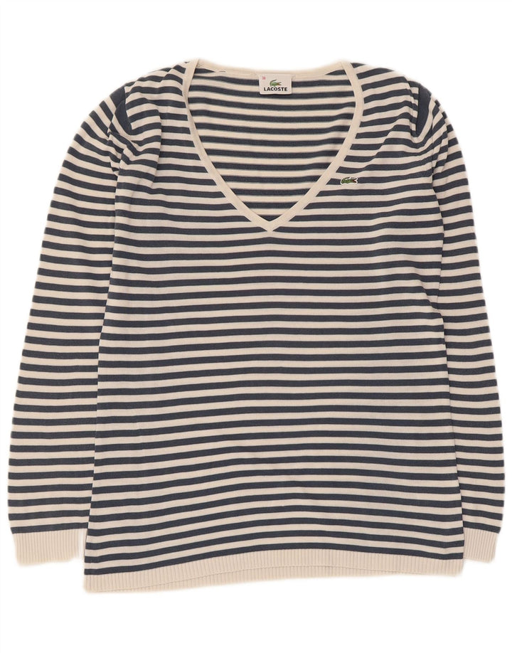 Lacoste Femme Col V Pull Pull Taille 38 Bleu Marine Moyen Rayé