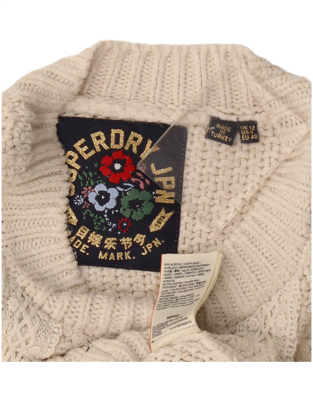 Superdry Pull surdimensionné à col rond pour femme UK 12 Medium Off White
