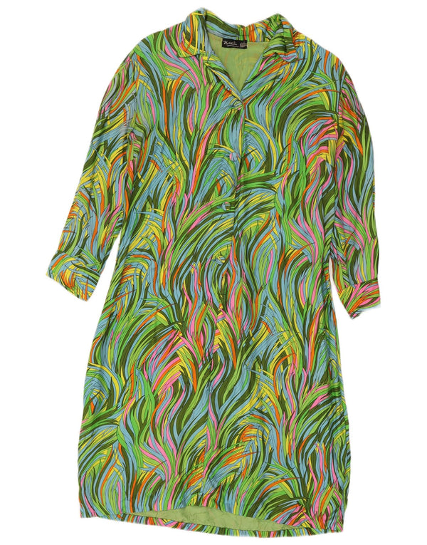 vintage Femmes Motif Abstrait 3/4 Manches Chemise Robe UK 12 Vert Moyen