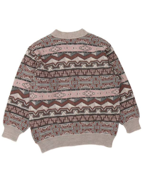 VINTAGE Pull col V homme gris moyen géométrique