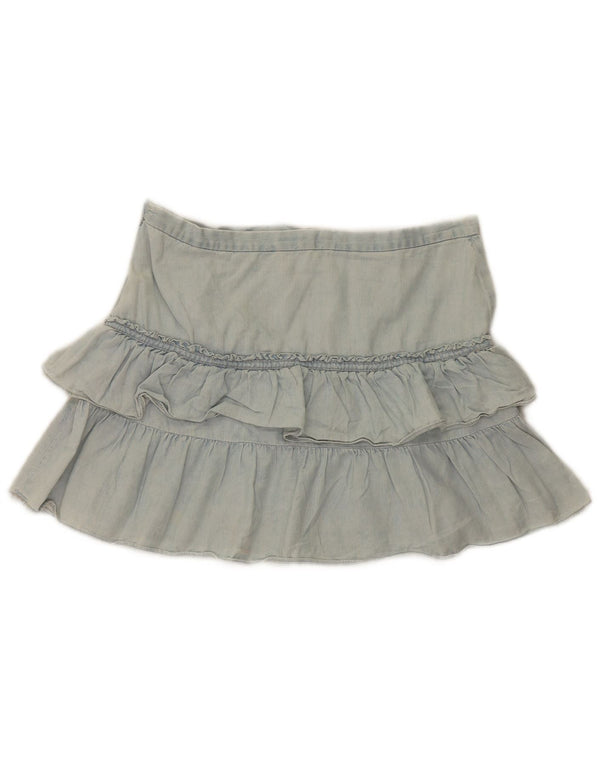 French Connection Mini jupe à volants en jean pour femme UK 12 Medium W32 Bleu