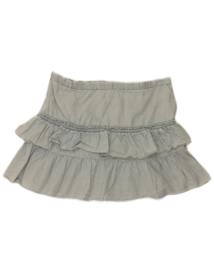 French Connection Mini jupe à volants en jean pour femme UK 12 Medium W32 Bleu