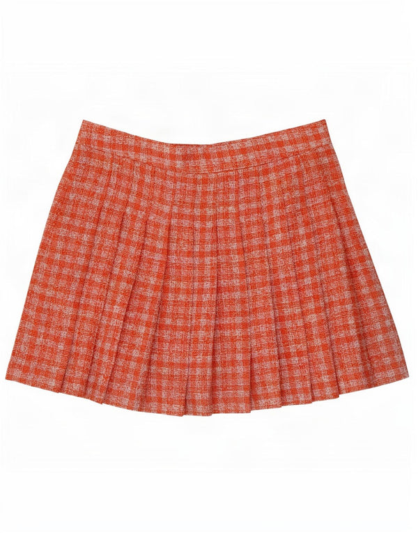 Zara Femme Mini Knife Jupe Plissée Large W30 Orange Vichy Polyester