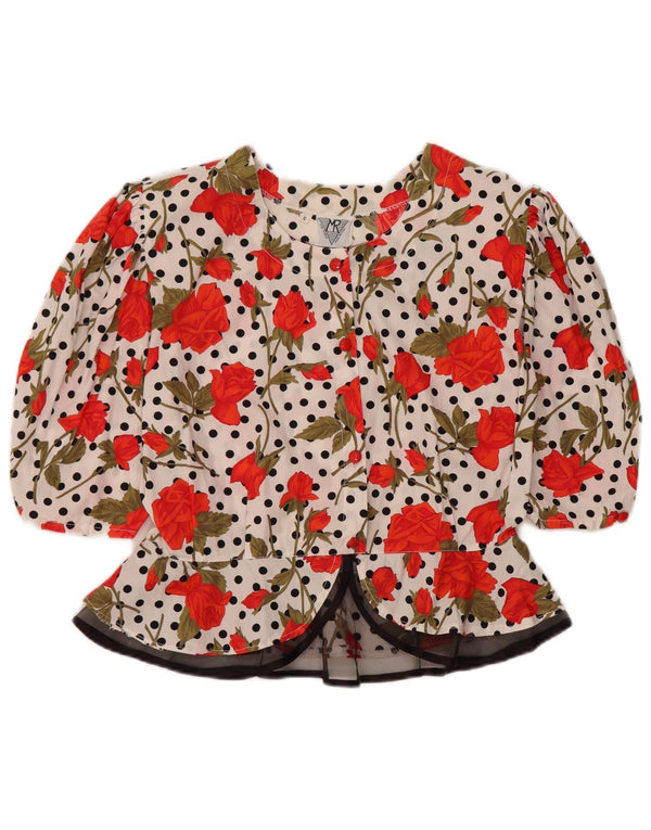 vintage Womens Crop 3/4 Sleeve Blouse Top UK 10 Petit coton floral blanc