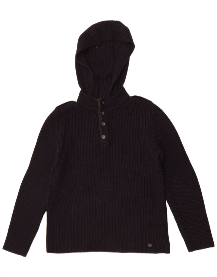 Trussardi Pull à capuche et col boutonné en laine bleu marine moyen