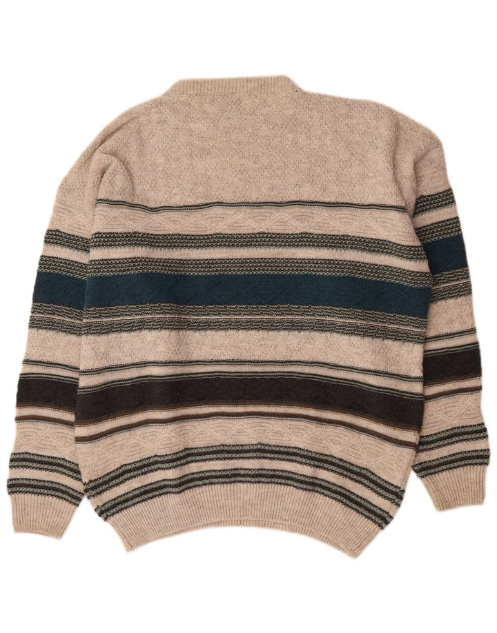Islande Pull à col rond pour homme en laine rayée beige