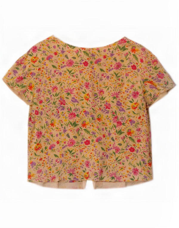 vintage Womens Crop Short Sleeve Shirt Blouse UK 14 Moyen Jaune Floral