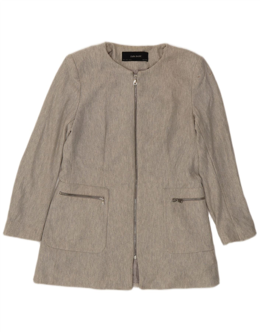 Zara Womens Full Zip Blazer Jacket UK 18 XL Gris Chevrons Coton