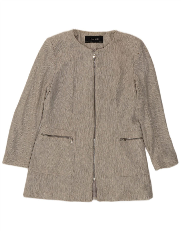 Zara Womens Full Zip Blazer Jacket UK 18 XL Gris Chevrons Coton