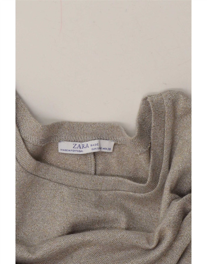 Zara Womens Crop Oversize Blouse Top UK 14 Beige Moyen Moucheté