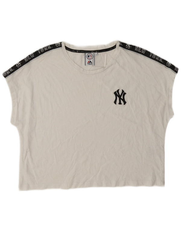Majestic Womens New York Yankees Crop Graphic T-Shirt Top UK 10 Petit Blanc