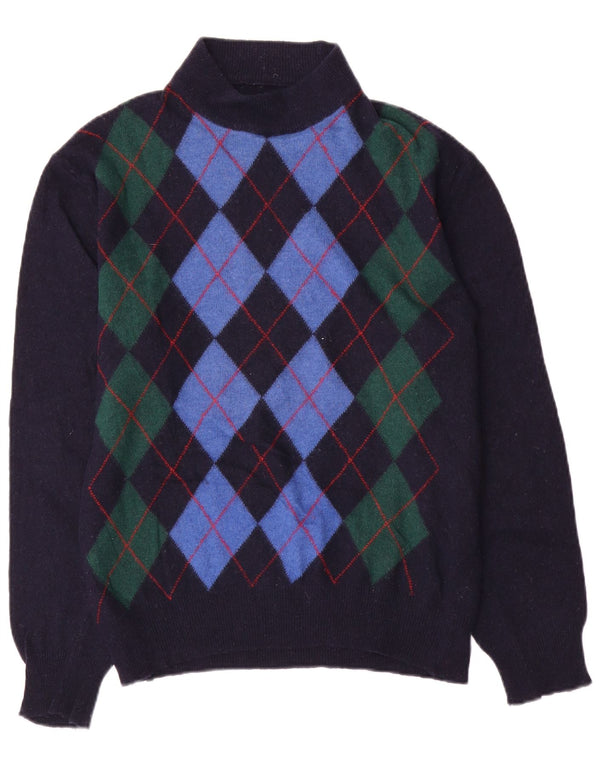 vintage Mens Turtle Neck Jumper Pull Moyen Bleu Marine Argyle/Diamant