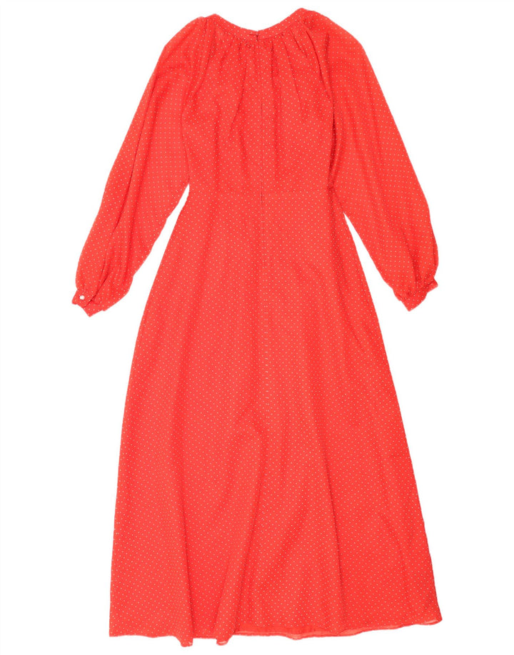 vintage Femme Manches Longues Maxi Robe UK 12 Moyen Rouge Spotté Polyester