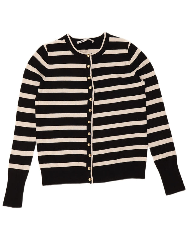 Zara Femme Cardigan Pull UK 10 Petite Viscose Rayée Noire