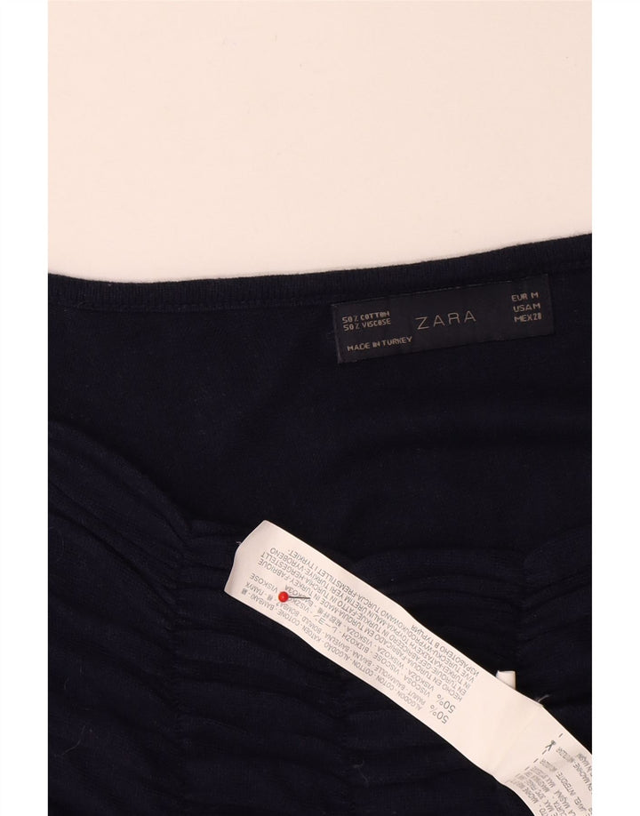 Zara Femme Top Manches Longues UK 12 Moyen Bleu Marine Coton