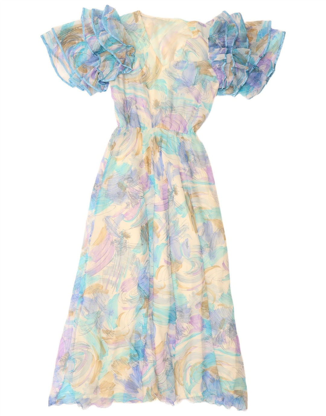 VINTAGE Robe Maxi à Motif Abstrait pour Femme UK 12 Bleu Moyen