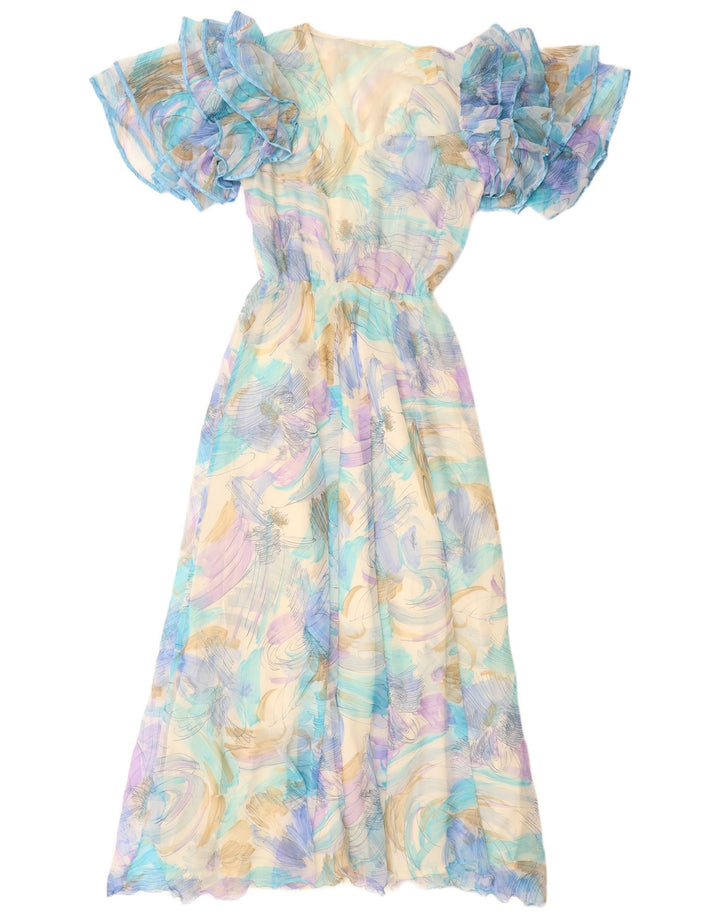 VINTAGE Robe Maxi à Motif Abstrait pour Femme UK 12 Bleu Moyen