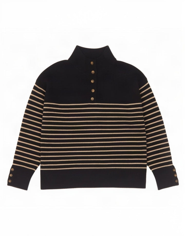 Zara Pull à col boutonné pour femme UK 14 Bleu marine moyen rayé