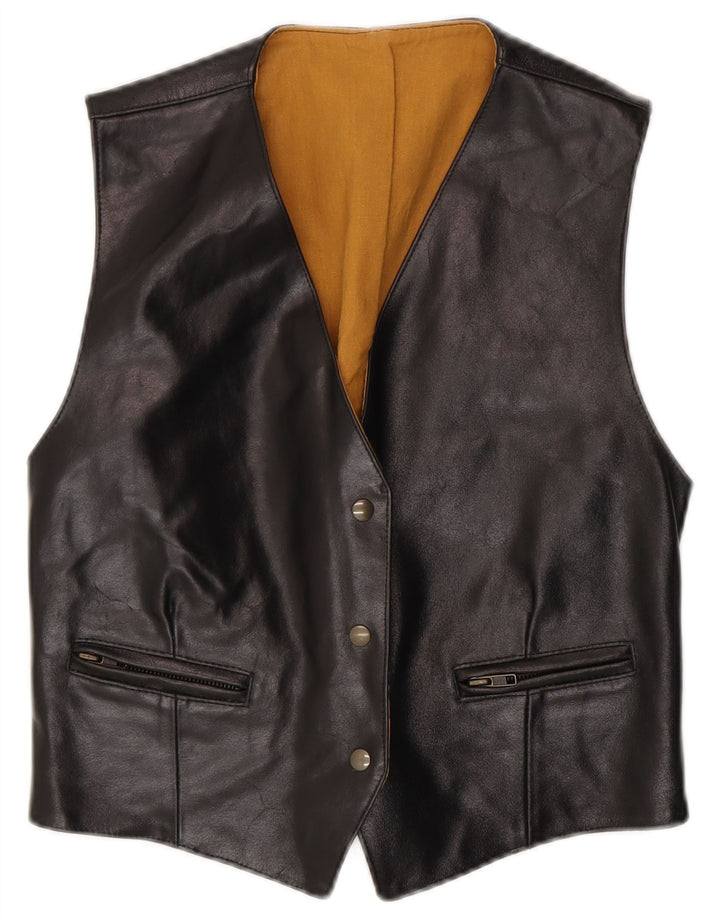 VINTAGE Gilet en cuir femme IT 46 Grand cuir noir