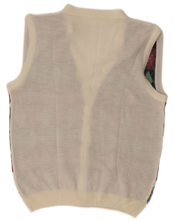 vintage Mens Cardigan sans manches Pull Grand Blanc Argyle/Diamant