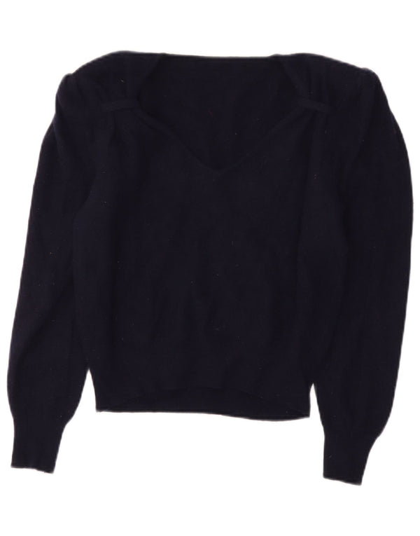 vintage Womens Crop V-Col Jumper Pull IT 44 Laine Bleu Marine Moyenne