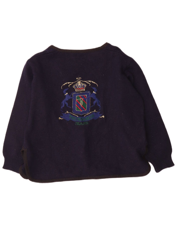 Trussardi Jeans Pull Cardigan Graphique Femme UK 16 Large Bleu Marine