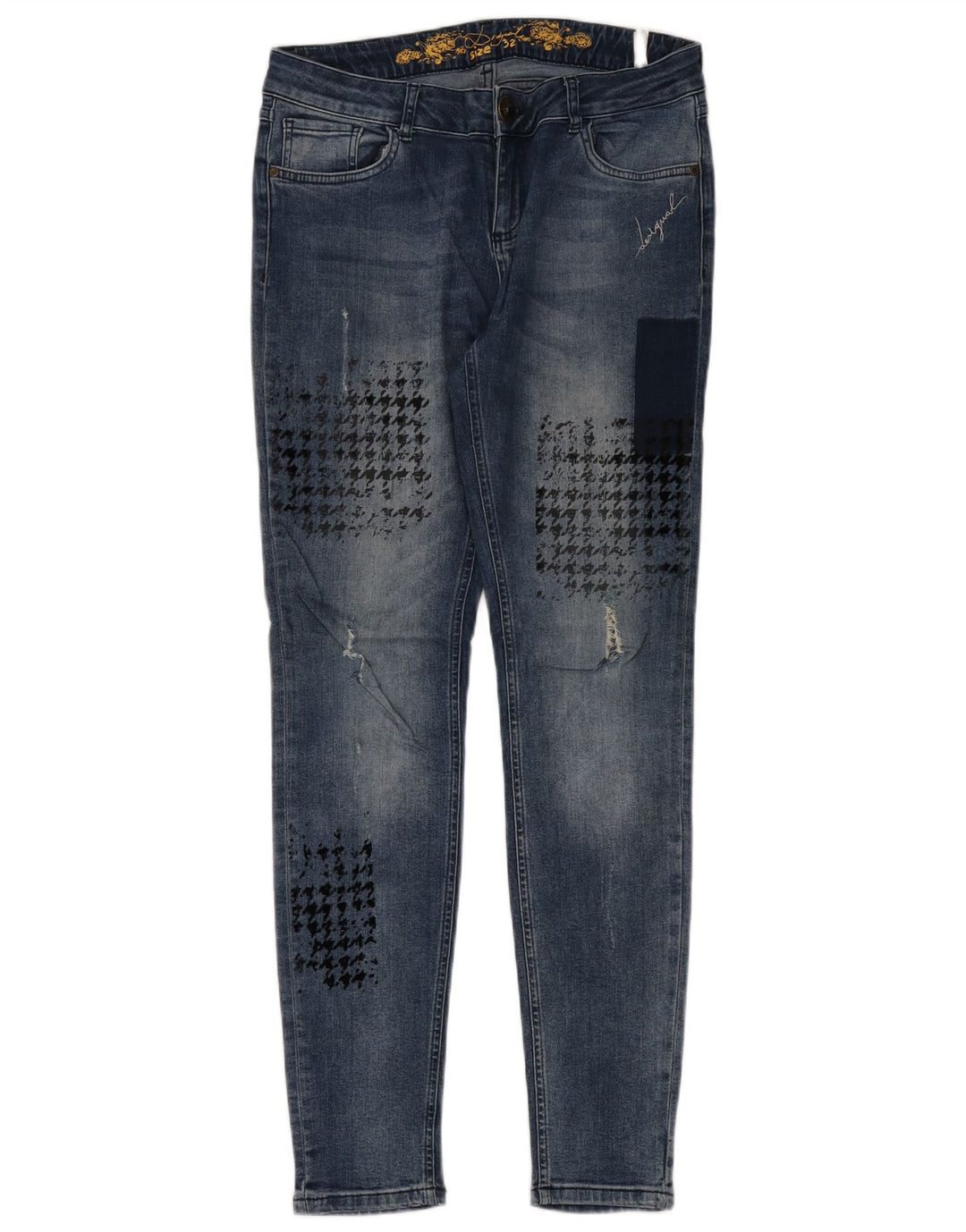 DESIGUAL Jean skinny effet vieilli W32 L32 en coton pied-de-poule bleu pour femme