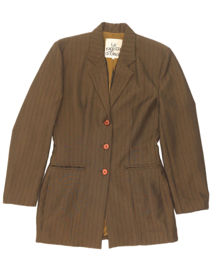 vintage Femme 3 Bouton Blazer Veste IT 44 Moyen Kaki Rayé Polyester