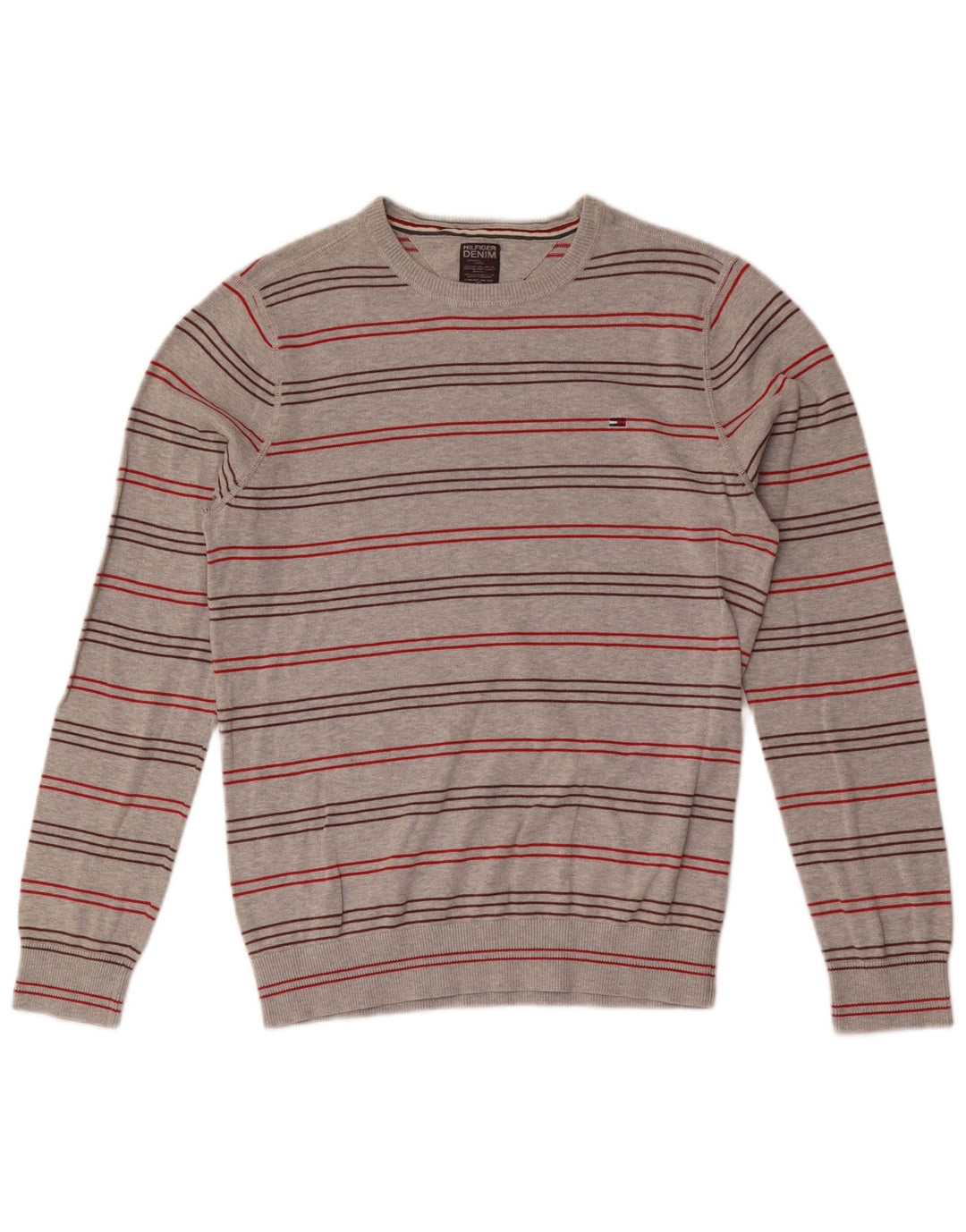 TOMMY HILFIGER Pull Col Ras du Cou Homme Gris Moyen Rayé Coton