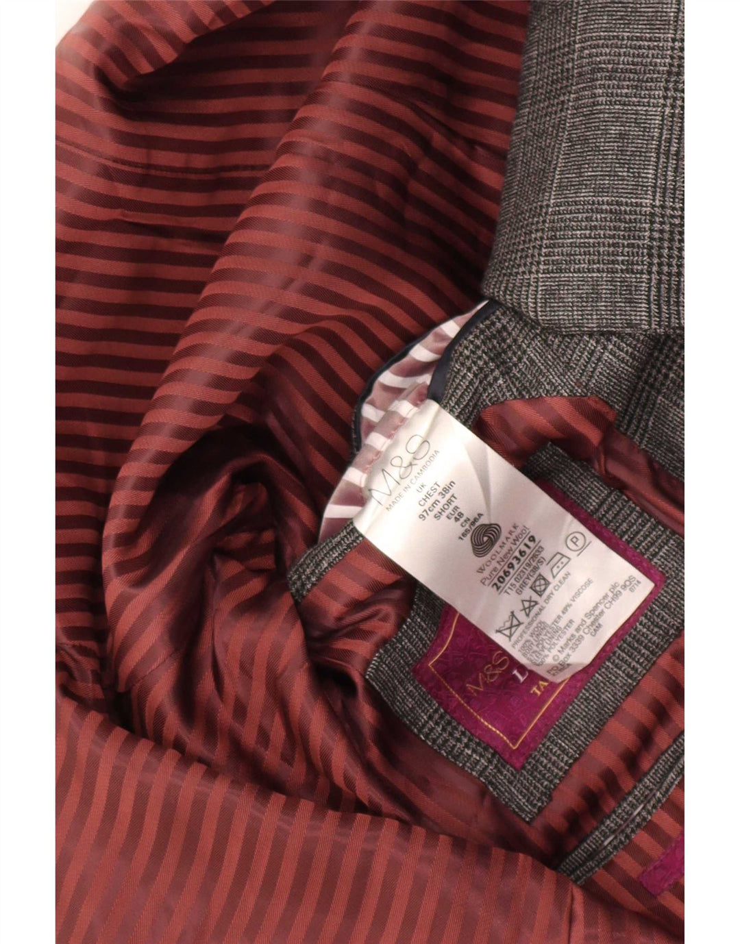 Marks & Spencer Veste blazer à 2 boutons pour homme UK 38 en laine à carreaux gris moyen