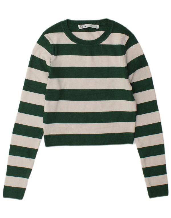Zara Pull court à col bateau pour femme UK 12 Vert moyen rayé