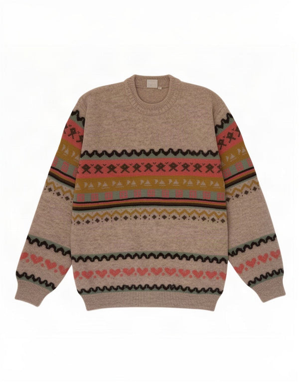 Piu Verona Womens Crew Neck Jumper Sweater UK 16 Large Beige Geometric Wool